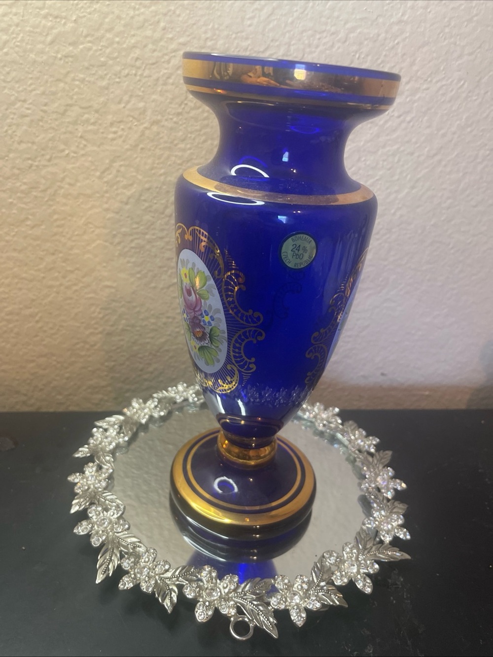 Gorgeous Bohemian Czech Republic Gilted Cobalt Blue Glass 8” Royal Vase